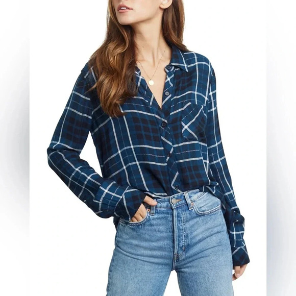 Rails Hunter Metallic Plaid Flannel Button-Down Shirt in blue size small - Picture 1 of 13